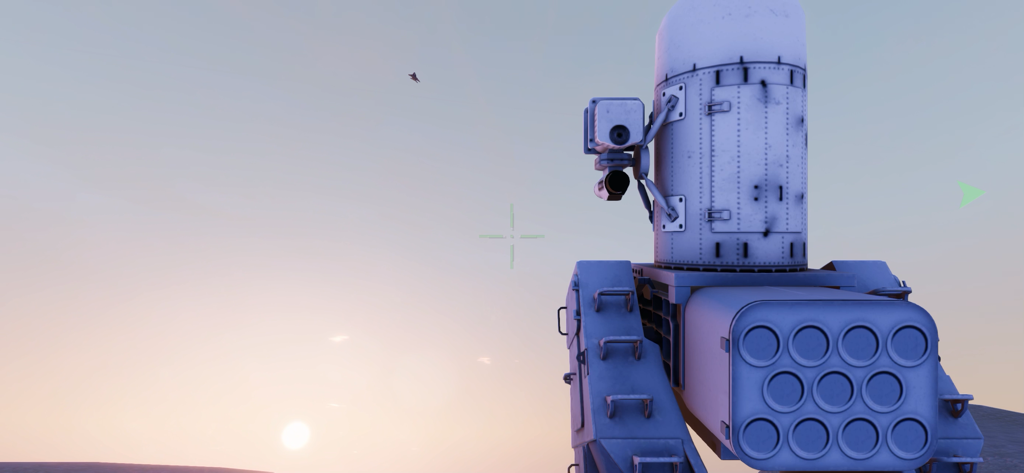 C-RAM CIWS simulator - Captura de tela da jogabilidade do simulador C-RAM CIWS mostrando um sistema de mísseis defensivos rastreando uma aeronave