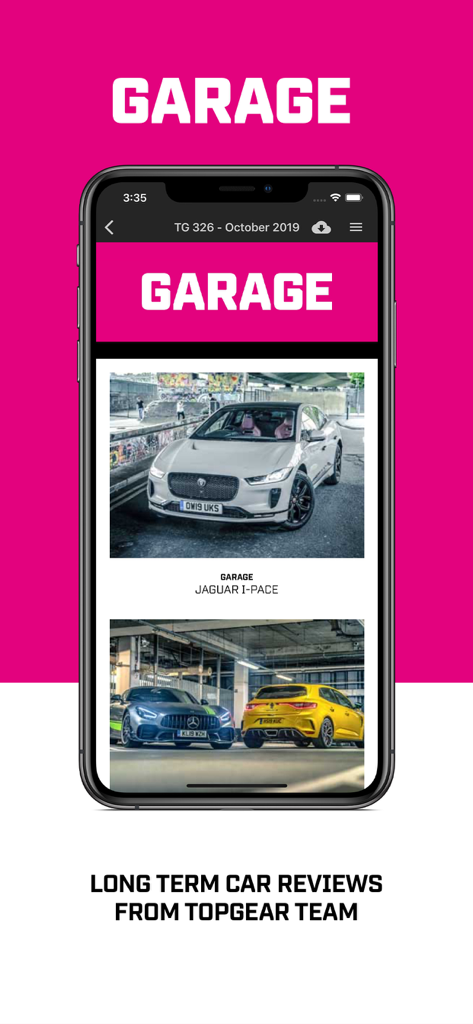 Top Gear Magazine - Seção Garage do aplicativo da Revista Top Gear apresentando análises de carros de longo prazo e fotografia automotiva de alta qualidade