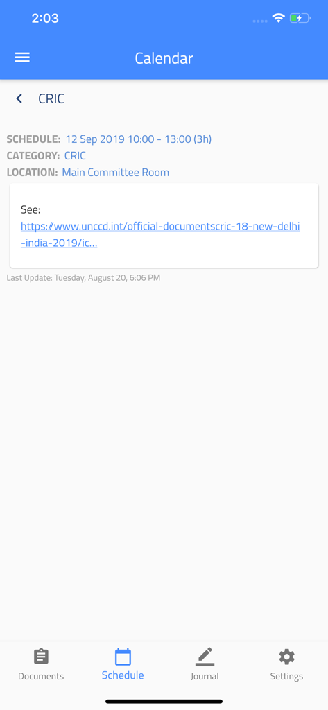 Interfaz de aplicación móvil que muestra el horario de la sesión CRIC y los detalles de ubicación para la Conferencia UNCCD.