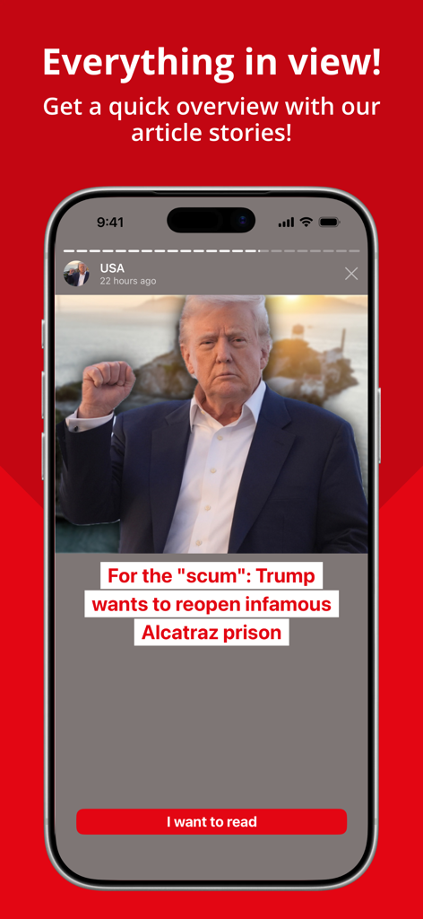 TAG24 NEWS - Smartphone screen showing the article stories feature in the TAG24 NEWS app with a headline about political news