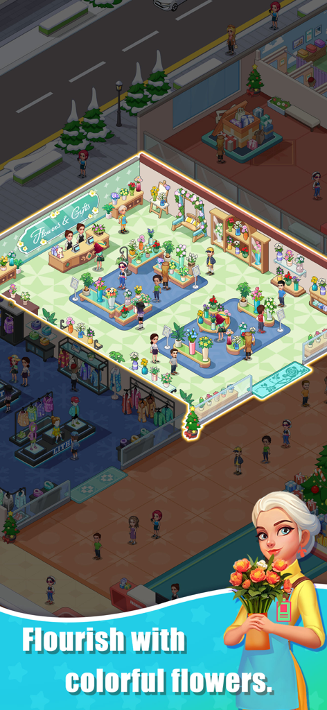Idle Shopping Mall-Tycoon - A colorful flower and gift shop management screen in Idle Shopping Mall Tycoon