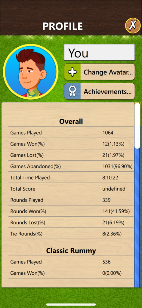 User profile and game statistics for Rummy 4 in 1 Board Game