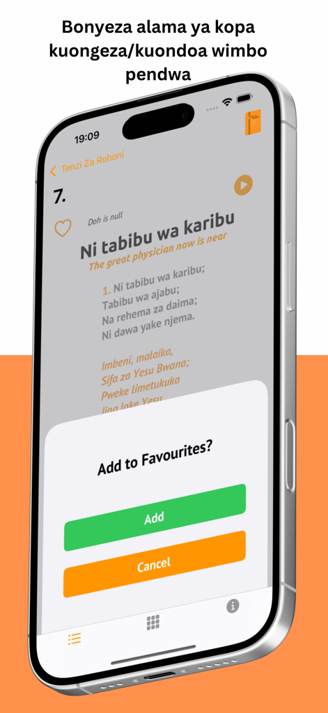 Tenzi Za Rohoni - iPhone showing the Tenzi Za Rohoni app with Swahili hymn lyrics and a pop-up menu to add the song to favorites