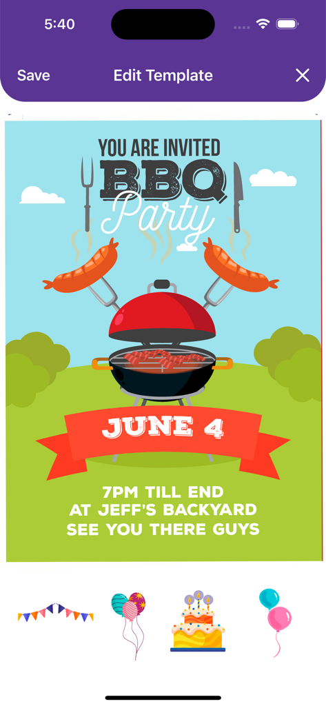 Digital Invitation Maker - Una pantalla de aplicación móvil mostrando la interfaz de edición de una invitación digital para fiesta de barbacoa con una ilustración de una parrilla roja y salchichas.