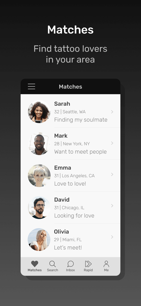 Tattoo Lovers Dating - A screenshot of the Matches screen on the Tattoo Lovers Dating app showing a list of profile cards for local tattooed singles.