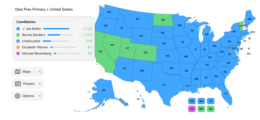 Democratic Presidential Primary map in the US Election Simulator app showing candidate data.
