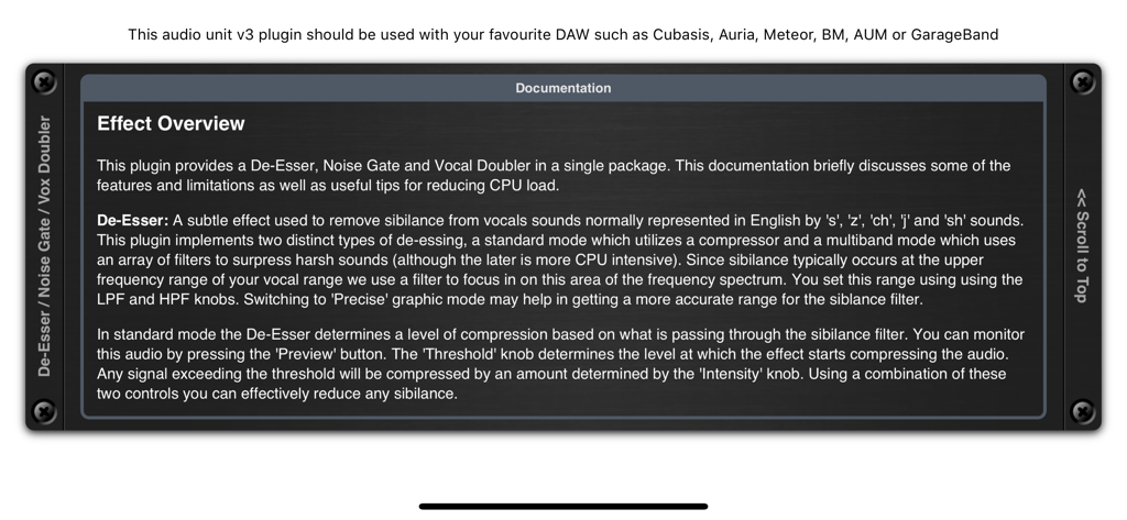 In-App-Dokumentationsbildschirm mit der Effektübersicht für das De-Esser AUv3 Audio-Plugin