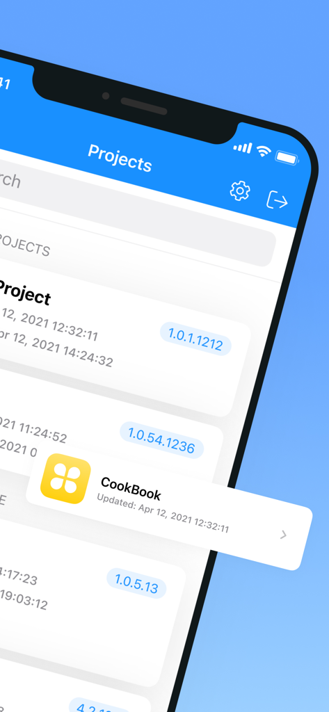 AppMaster Developer - Project list interface within the AppMaster Developer app showing mobile application versions and update dates