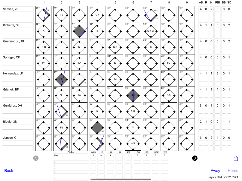 Scorecards - Digital baseball scorecard interface on iPad displaying player statistics and game progress