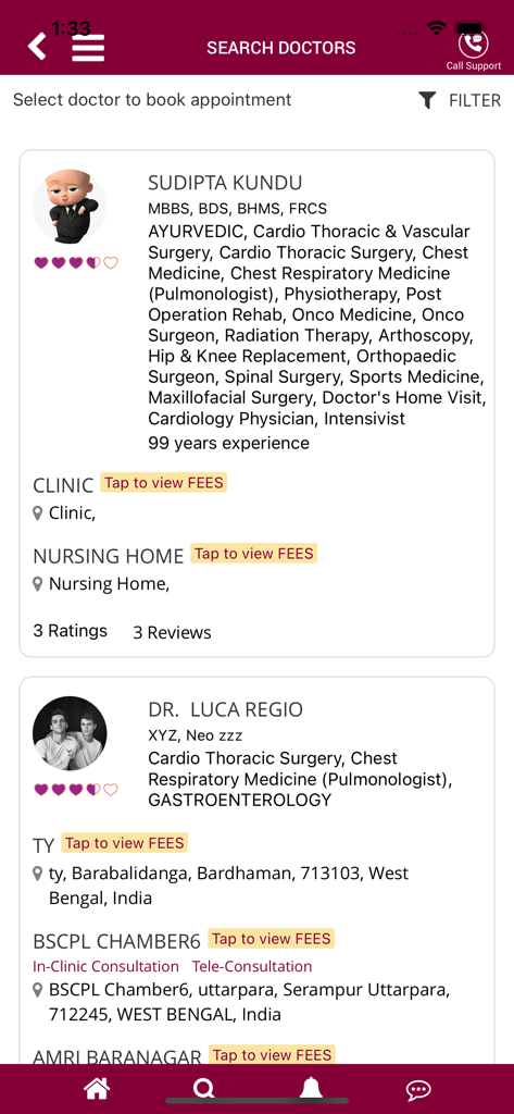 MAMATA Healthcare - Liste des profils de médecins dans l'application MAMATA Healthcare montrant les spécialités, l'expérience et les boutons pour voir les frais de consultation.
