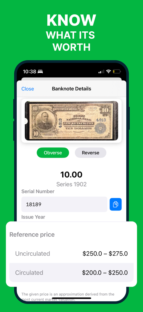 Una pantalla móvil de la aplicación CashScan que muestra estimaciones de valor de mercado y detalles de la serie para un billete raro de diez dólares de 1902.