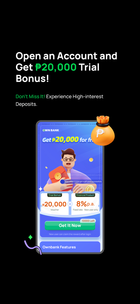 OwnBank - OwnBank app promotional screen featuring a twenty thousand pesos trial bonus and high interest rate offer