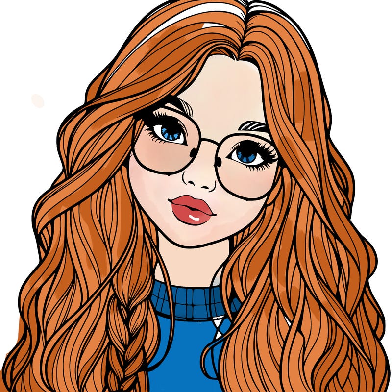 girl with long hair and freckles and glasses realistic
