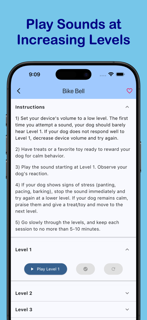 Canine Calm - A screenshot of the Canine Calm app showing instructions and levels for dog sound desensitization training