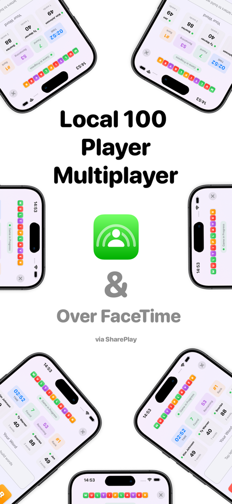 Word Tiles: Puzzle Word Game - iPhones displaying Word Tiles multiplayer gameplay with FaceTime SharePlay support and local 100 player mode