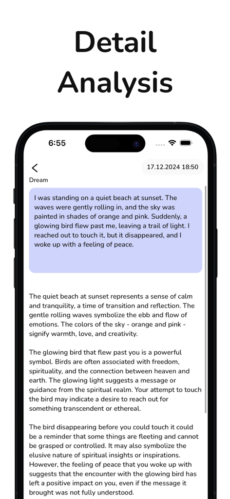 AI Dream Interpretation Diary - A detailed AI analysis screen of a dream entry in the AI Dream Interpretation Diary app explaining the symbolism of a beach sunset and a glowing bird.