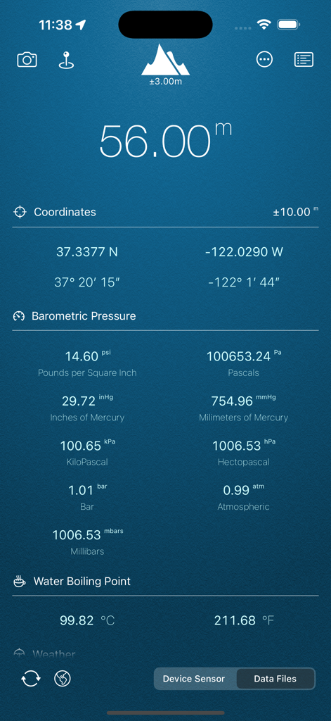 My Altitude - Interface of the My Altitude app displaying elevation, GPS coordinates, and barometric pressure metrics