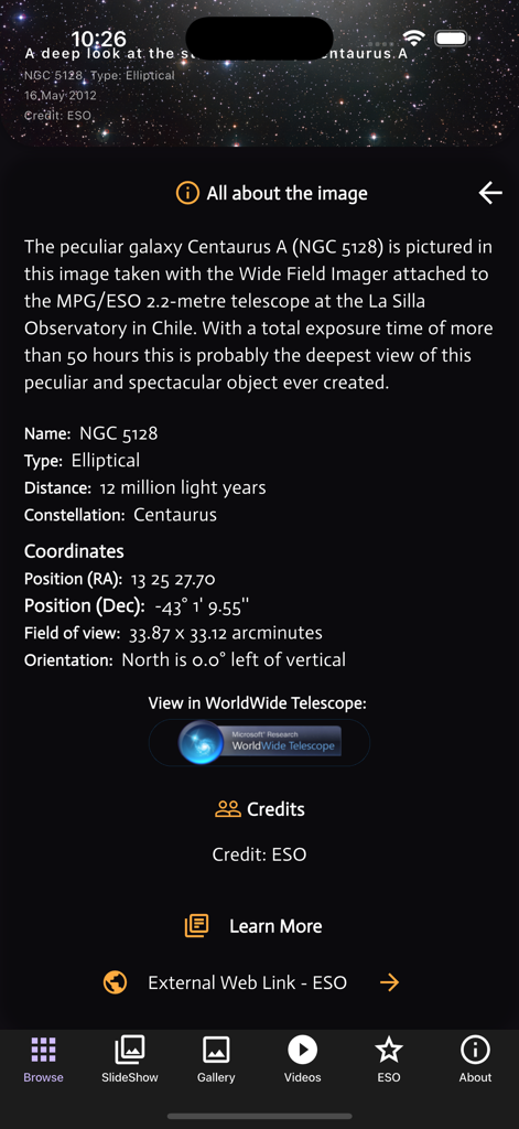 Galaxies: Spectacular - Tela informativa da galáxia Centaurus A mostrando seus dados científicos e descrição.