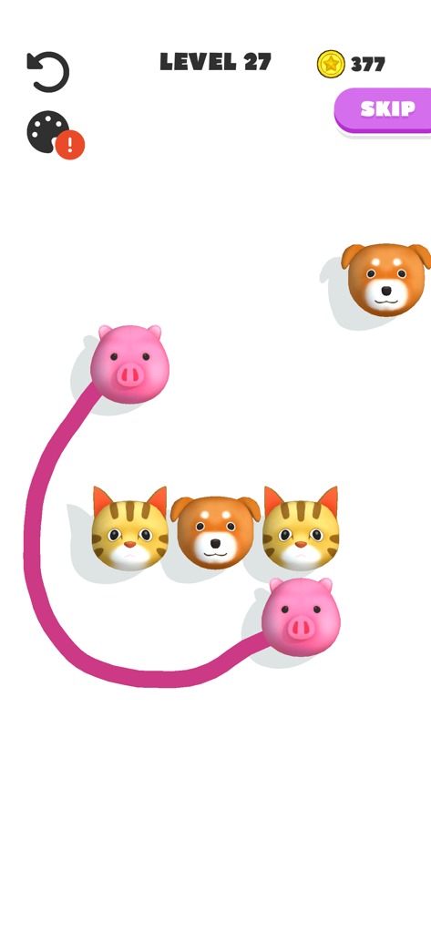 Connect Balls - Line Puzzle - - Jugabilidad de Connect Balls Line Puzzle mostrando cabezas de animales conectadas por una línea rosa