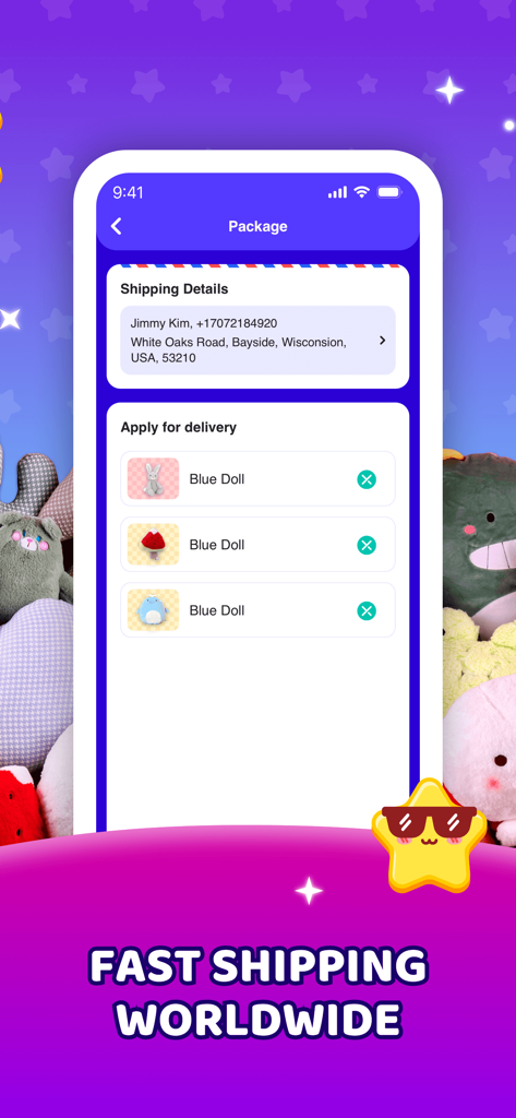 Interface of Claw Eden app showing shipping details for earned prizes and fast worldwide delivery promotion