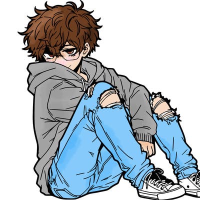 a male hoddie ripped jeans messy hair anime