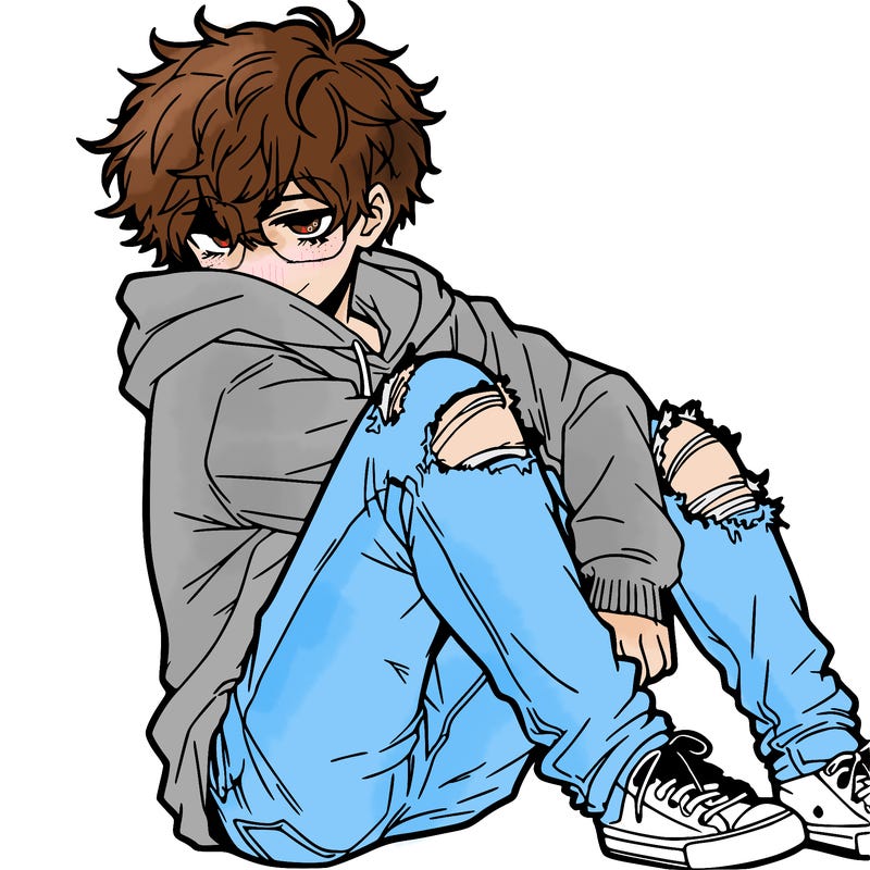 a male hoddie ripped jeans messy hair anime