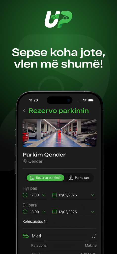 LookUp Parking - Tela do aplicativo móvel LookUp Parking em albanês mostrando um formulário de reserva para uma vaga de estacionamento central com seletores de data e hora