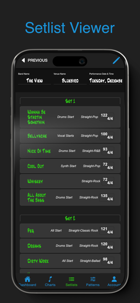Drum Chart Builder - Pantalla del visor de setlists de la aplicación Drum Chart Builder que muestra una lista de canciones con notas de tempo y estilo