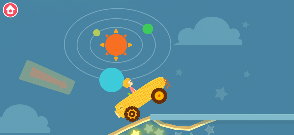 A child driving a yellow corn-shaped car in a space-themed room with a solar system and stars