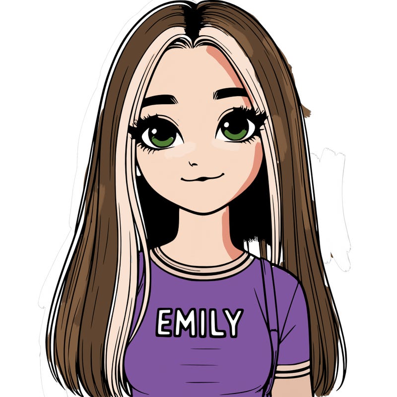 realistic girl with long ish straight hair with a shirt that says emily
