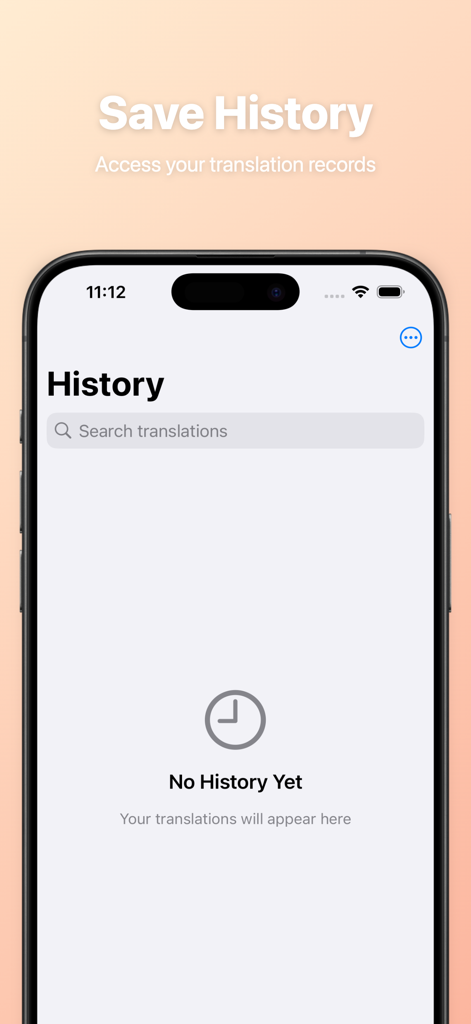 Global Translate-AI Translator - Screenshot of the translation history page in the Global Translate-AI app featuring a search bar and an empty state message for records.
