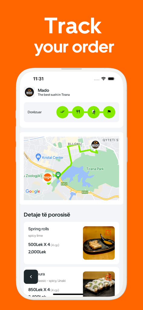 ToGo: Food Delivery - ToGo food delivery app interface showing real-time order tracking with a map of Tirana and delivery status icons.