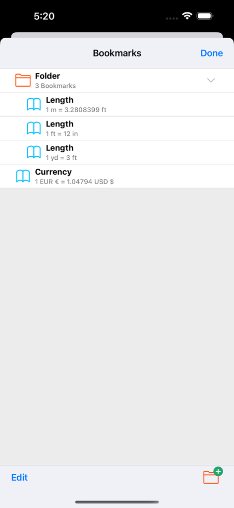App screen showing saved unit conversion bookmarks and folders for quick access