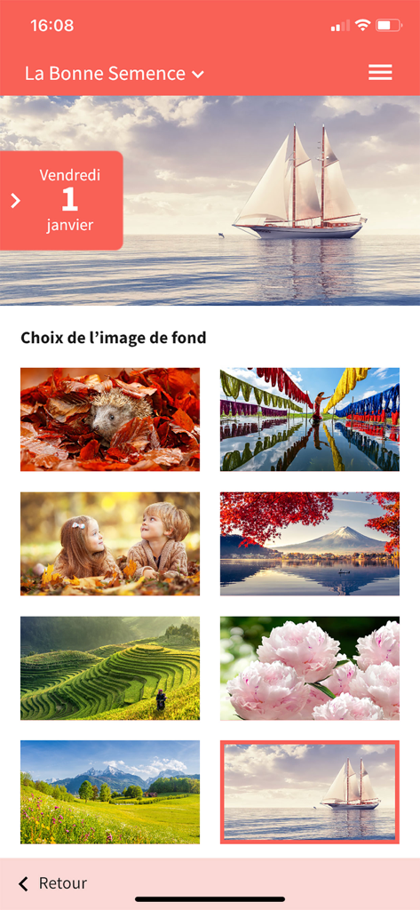 La Bonne Semence - Interface of the La Bonne Semence app showing different background images for the daily Christian devotional message