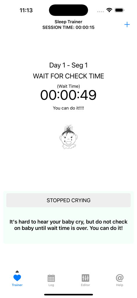 Baby Sleep Trainer - Baby Sleep Trainer app interface showing a countdown timer for check-in times during a sleep training session