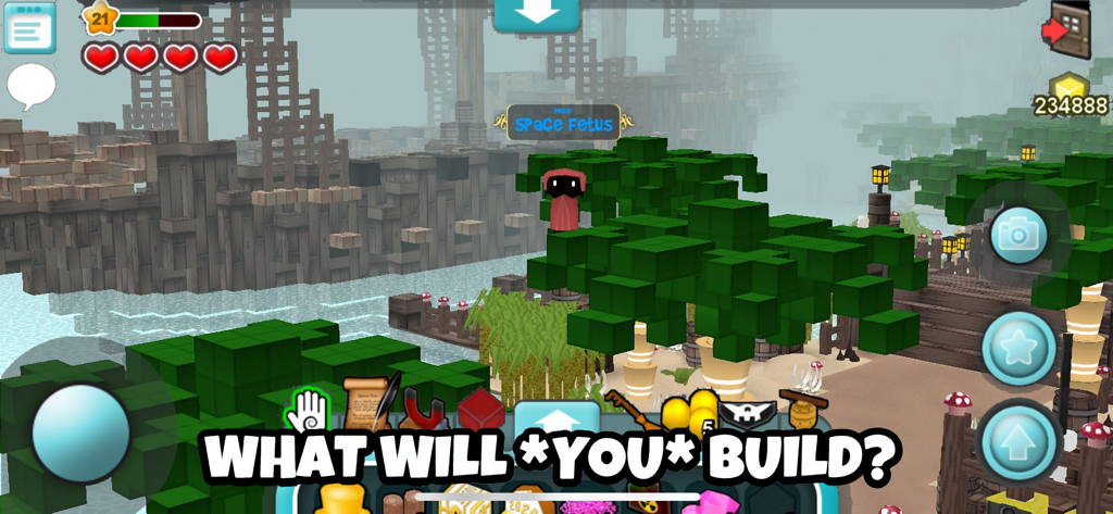 Cubic Castles - Sandbox MMO - Un entorno sandbox 3D en Cubic Castles con un barco pirata de bloques y árboles verdes con interfaz de usuario de construcción