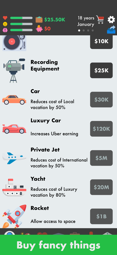 Pantalla de tienda en El Simulador de Vida con autos de lujo, jets y cohetes