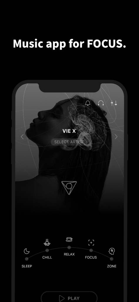 VIE Tunes - Focus,Sleep,Relax - Interfaccia dell'app mobile VIE Tunes che mostra le modalità di concentrazione e rilassamento con una grafica sulla ricerca cerebrale