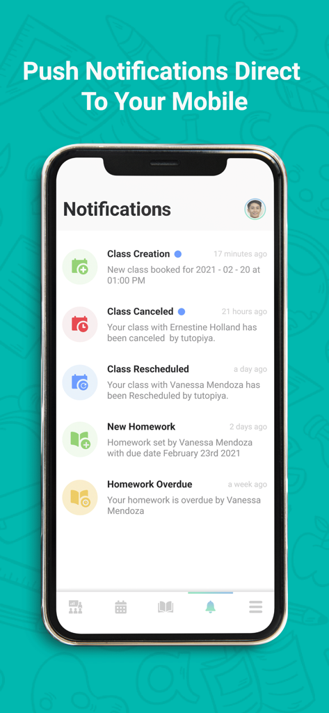 Tutopiya - Tutopiyaモバイルアプリのインターフェース。クラス予約や宿題のステータスに関するプッシュ通知が表示されています。