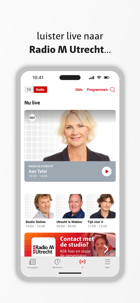 RTV Utrecht mobile App Live-Radio-Bildschirm mit dem Programmplan von Radio M Utrecht