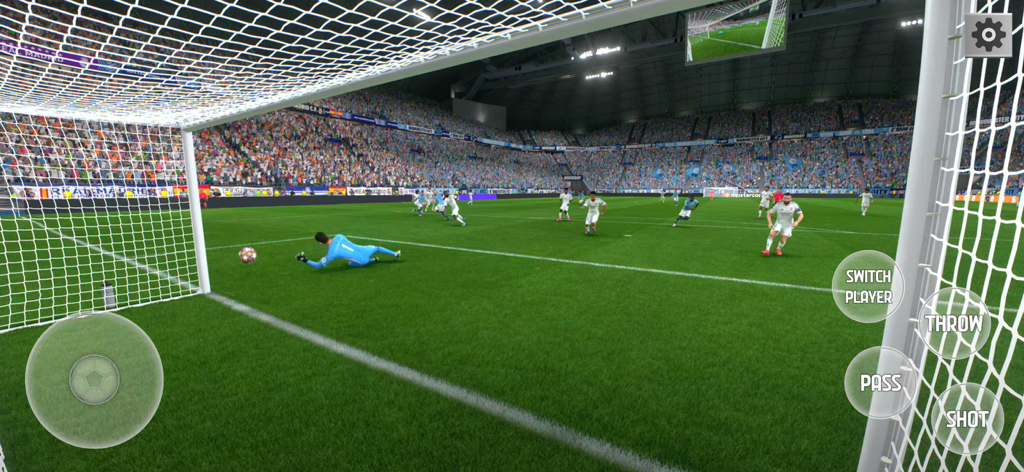 Play Football Games 2025 Goals - Portero lanzándose para salvar un gol en un partido de fútbol móvil