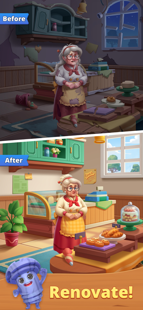 Comparación del antes y el después de la renovación de una panadería en el juego Family Savior