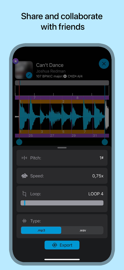 Music Looper - Practice Tool - Interface for exporting music loops with adjustable pitch and speed for collaboration