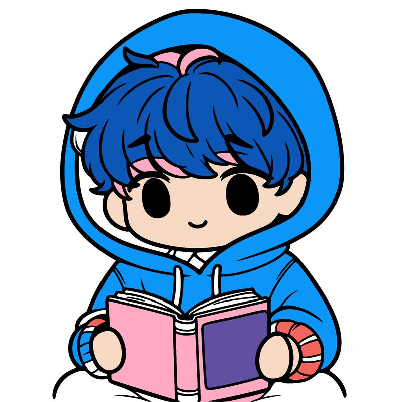 cute boy with fluffy hair an an oversized hoodie reading a book