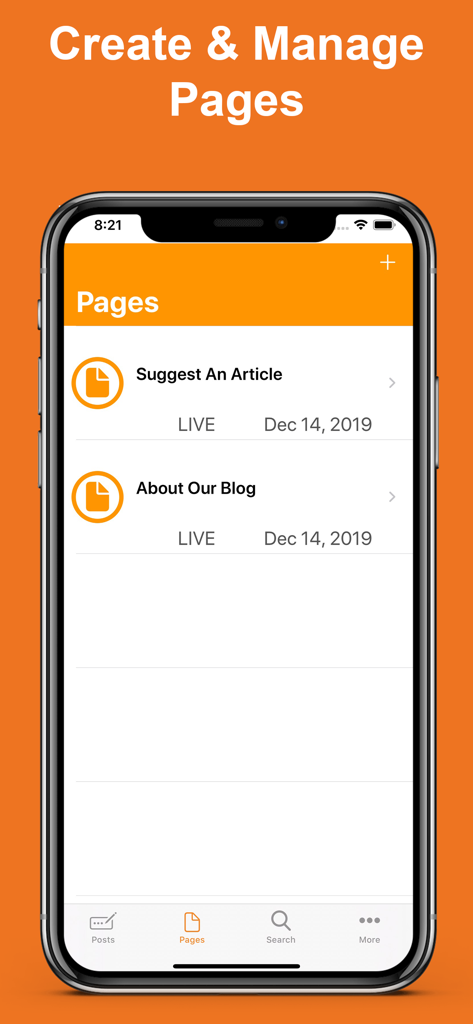 Blog for Blogger - Interfaz de la aplicación Blog for Blogger que muestra una lista de páginas de blog publicadas en un iPhone