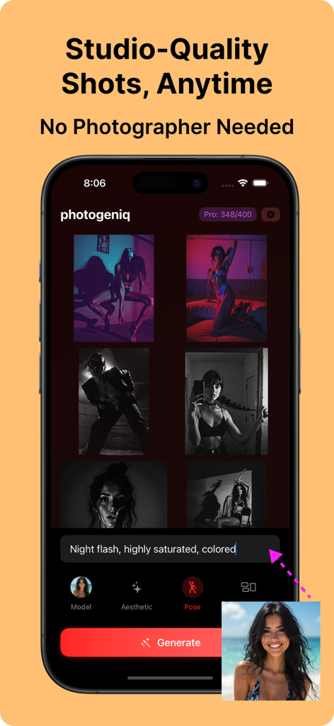 Photogeniq app interface displaying AI generated studio quality portraits and prompt input