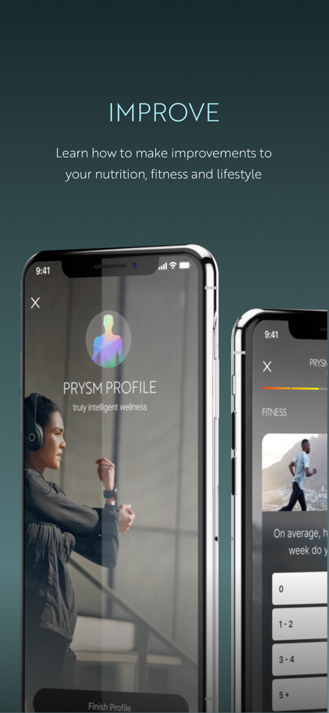 Nu Skin Prysm iO - Nu Skin Prysm iO app interface showing wellness profile and fitness tracking screens.