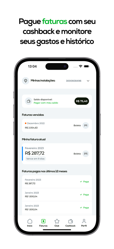 iGreen Club app interface showing invoice history and cashback balance