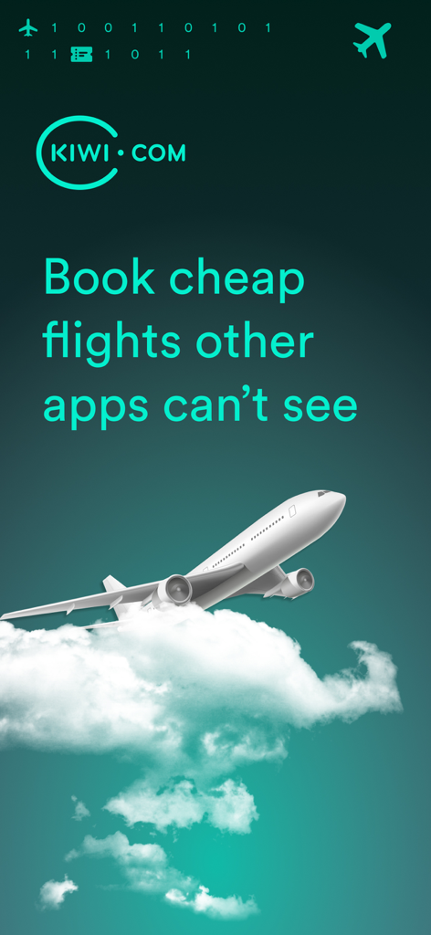 Imagen promocional de Kiwi.com mostrando un avión volando sobre nubes con el texto Reserva vuelos baratos que otras apps no pueden ver.