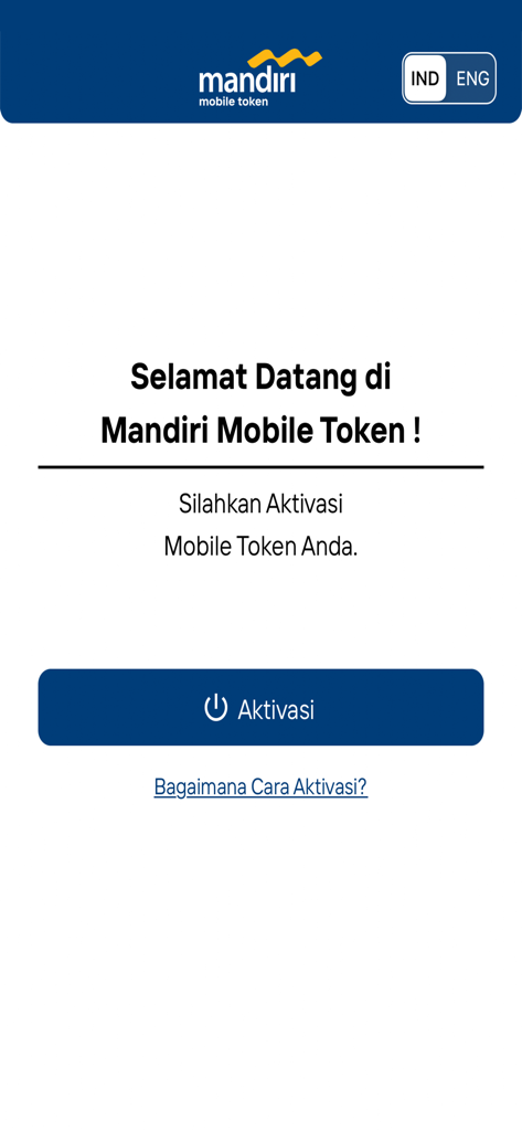 Welcome screen of the Mandiri Mobile Token app with activation button and language selection